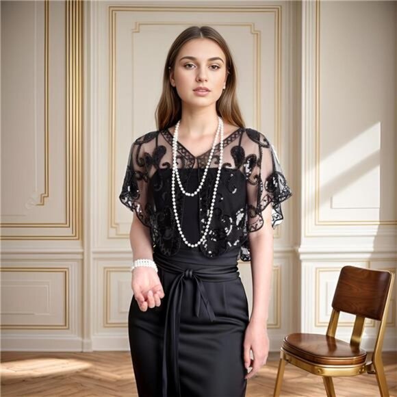 Accessories - 1920s Shawl Wraps Sequin Beaded Black